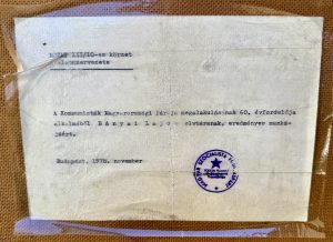 Korabeli dokumentum szövege a hátoldalon